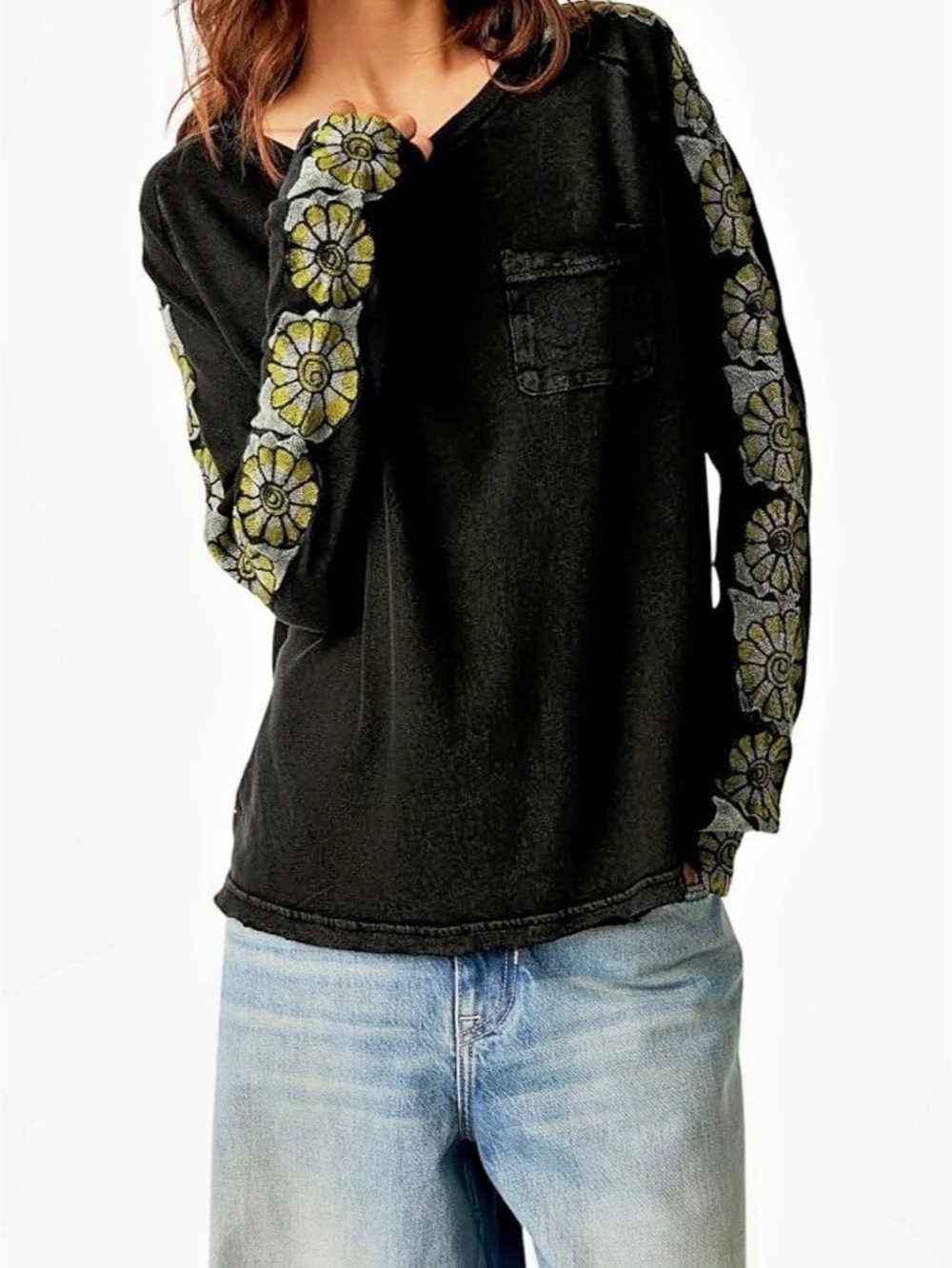 Free People On the Vine Print Sleeve Rib Top Long Sleeve XL